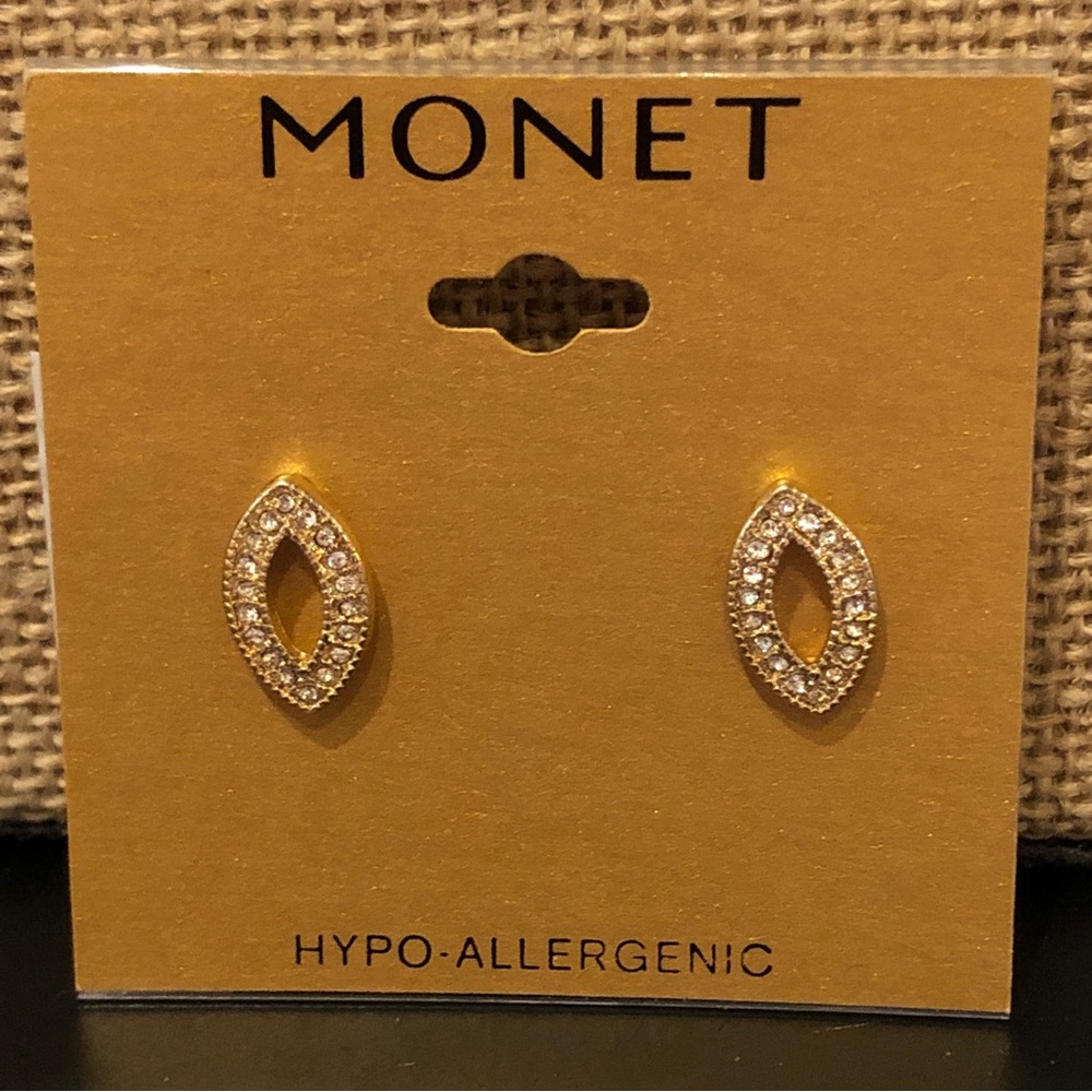 NWT Monet Earrings- Gold tone ellipse shaped with rhinestones
